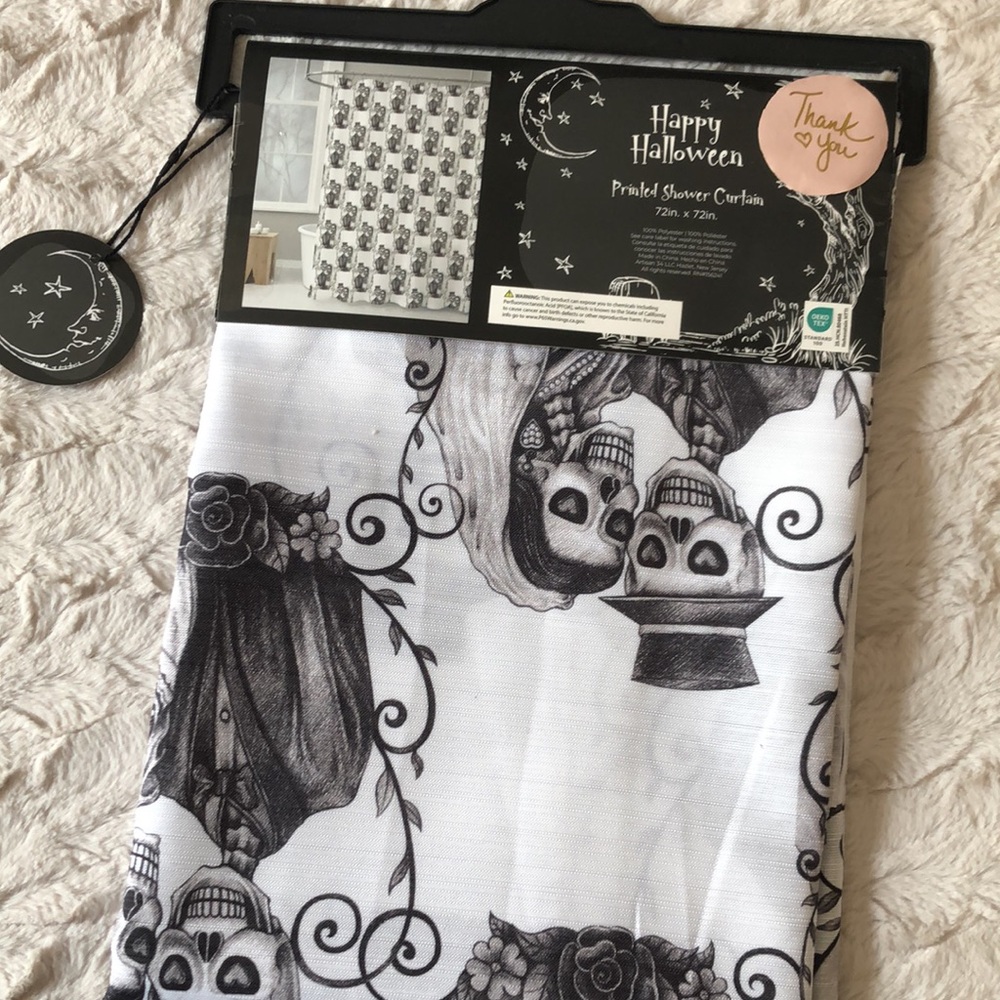 Happy Halloween Black & White Skeleton Couple Shower Curtain - Picture 7 of 8